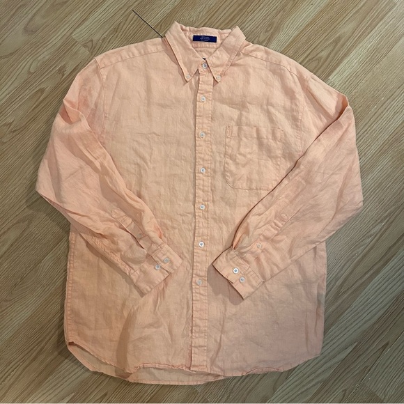 Large peach 100% linen men’s button down long sleeve women’s swim cover up - Picture 1 of 6